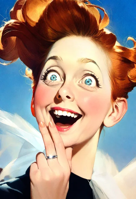 masterpiece, best quality, very aesthetic, absurdres,

norman rockwell style, 1girl, solo, looking at viewer, new wedding ring on her finger, wide eyes, excited, happy, ginger, curled hair, makeup, blue sky, (seagulls in the distance:0.5),