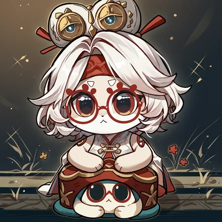 score_9, score_8_up, <lora:critterPickHonkaiStar_v10:1> hcrpick, animal, no humans, chibi, <lora:purah-pdxl-nvwls-v1:0.7> purah, hair ornament, red headband, red glasses, sleeveless shirt, white coat