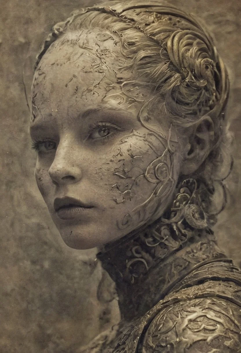 There was a listening fear in her regard As if calamity had but begun As if the vanward clouds of evil days Had spent their malice, and the sullen rear Was with its stored thunder labouring up One hand she press'd upon that aching spot Where beats the human heart as if just there Though an immortal she felt cruel pain The other upon Saturn's bended neck She laid and to the level of his ear Leaning with parted lips some words she spake In solemn tenour and deep organ tone Some mourning words which in our feeble tongue Would come in these like accents O how frail To that large utterance of the early Gods, dim light, dark art, somber, dramatic, detailed, intricate details, 8k, best quality, hdr, masterpiece, 19th century