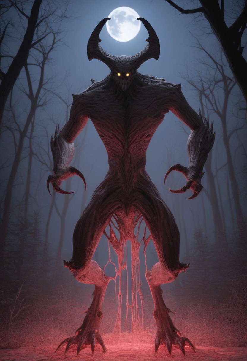 1Demon, tall, slender, claws, sharp teeth, yellow eyes, grey skin, tattered clothing, hunched over, night time, red and blue sky, waning moon, dead trees, forest, R3dHall0w33n 
BREAK
HD, g0thicPXL, glowing, neon, insane detail, indoors, 4k, full body in frame, masterpiece, highres, high quality, best quality, ultra high quality, uhd, attention to detail, depth of field