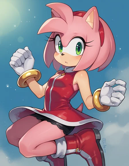 zPDXL, score_9, score_8_up, score_7_up, source_anime, 1girl, solo, (portrait),
 <lora:Yomu_v1:1> y0mu, Amy Rose, pink hedgehog, hedgehog tail, pink fur, white gloves, gold bracelets, flat chest, little girl, child, :o, jumping, lace-bodysuit, leather-skirt, over-the-knee-boots, pantyhose,