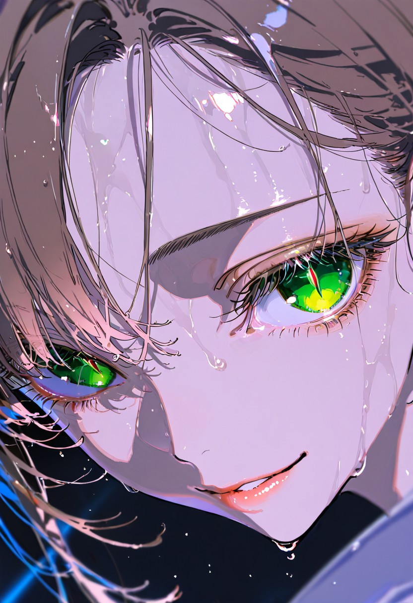 masterpiece, best quality, good quality, newest, highres, absurdres, uncensored,
BREAK 
detail background, very awa, absolutely eye-catching, (beautiful face), 
BREAK
amazing quality, best quality, ultra-detailed, 8K, illustration, CG, ultra-detailed-eyes, cute girl, eyelashes
BREAK
(sexy, slutty, hot, aroused) (only girl, solo foucus)
BREAK 
parted lips, puffy lips, smile, seductive expression, wet hair, wet, from above, blurry foreground, 
BREAK 
perfect composition, solo, 1girl, extreme eye close up, eye focus, eye reflection, wide eyed, eyelashes, blank stare, (looking at viewer), eye focus, light smile
BREAK
professional lighting, , Photorealistic, source_real, 8k, night, blurry background, sharp focus, (extreme close:2.0), green eyes, glowing eyes, slit pupils, brown hair, perfect nose, slicked back, smooth hair, parted hair, shiny,
(by yoneyama mai, rolua, roitz \( roitz \):1.25), colored lines, (ONE EYE FOCUS)