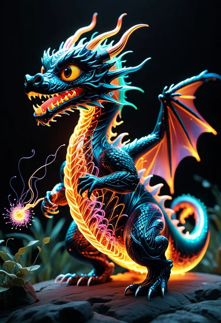 Score_9, score_8_up, score_7_up, high quality, 4k, 8k, extremely detailed, dragon in landscape made out of tiny neon glass filaments, rendered in stunning detail by Andrei Kolkoutine. big, round eyes, adorable expression. fire, explosions, funny theme, witty, Humor and wit, Aesthetic appeal, Engagement sparks
