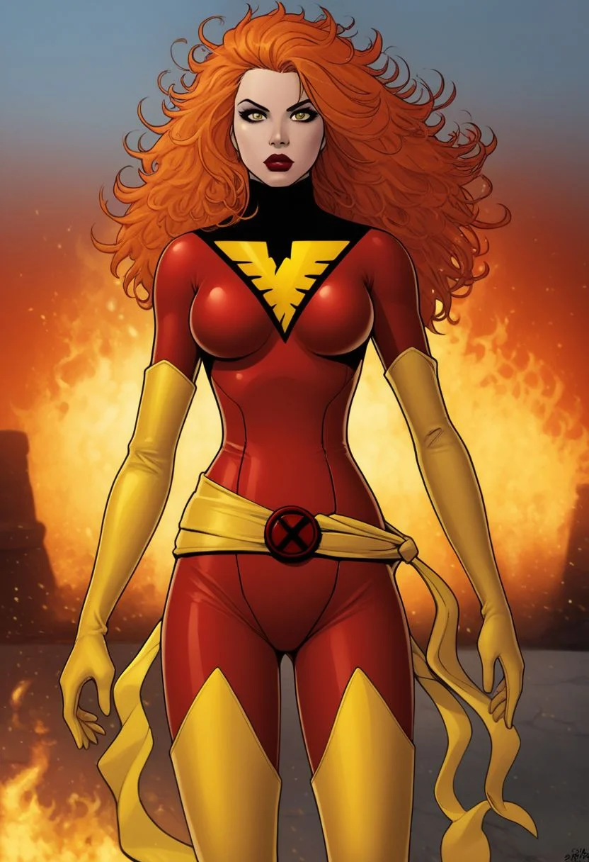 end_jngr3y, 1girl, solo, long hair, looking at viewer, gloves, medium breasts, red hair, boots, elbow gloves, belt, orange hair, lips, bodysuit, makeup, fire, lipstick, skin tight, thighhighs, gloves, red hair, sash, bodysuit, multicolored bodysuit, skin tight, red bodysuit, yellow bodysuit, yellow belt, yellow waist ribbon, thigh boots, boots, yellow boots, yellow gloves yellow thighhighs, messy hair, outdoors, BREAK PonyXLV6_Scores