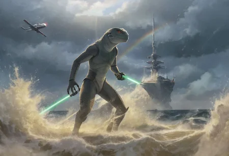 a (solo:1.5) black white (lizard:1.5) in (star wars armor:1.5) sword on belt (cockpit instruments view:1.5) driving star-wars style spaceship over (ocean:0.5) (waves:0.5), in the middle of sea, many meteors,
dawn, heavy rain, wind, windy, typhoon, hurricane, tropical storm, fog, mountain, sky, cloud, deluge, rainforest,
(anime:1.5) , anime screencap in mnst artstyle, full body character portrait landscape