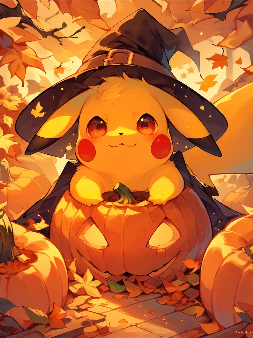 score_9, score_8_up, score_7_up, score_6_up, score_5_up, <lora:halloweenpokemonXLP:1> halloween pokemon, no humans, pokemon (creature), halloween, jack-o'-lantern, witch hat, autumn leaves, pikachu,