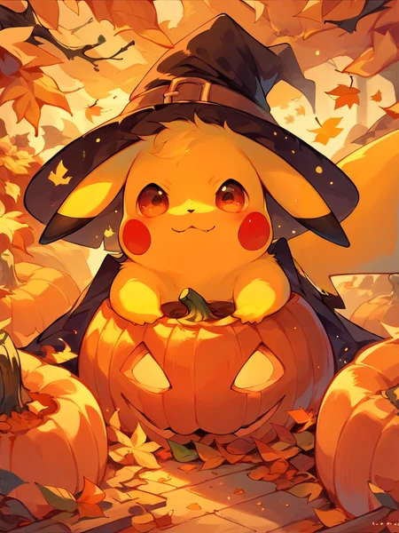 score_9, score_8_up, score_7_up, score_6_up, score_5_up,   <lora:halloweenpokemonXLP:1> halloween pokemon, no humans, pokemon (creature), halloween, jack-o'-lantern, witch hat, autumn leaves, pikachu,