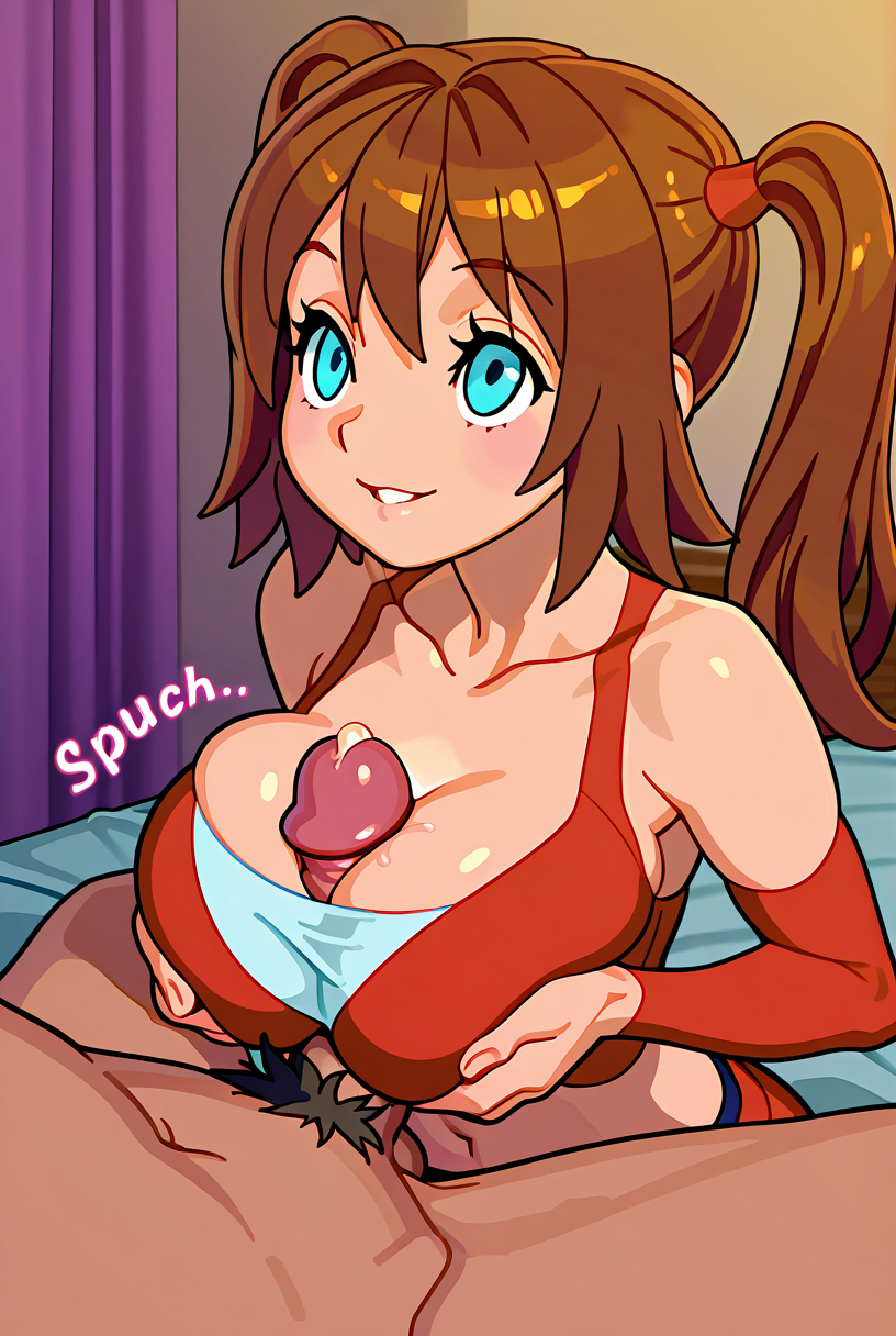bing0tarte, masterpiece, amazing quality, best quality, detailed eyes, detailed skin, aesthetic, upperbody, 1girl, brown hair, long hair, twintails, long twintails, aqua blue eyes, large breasts, red top, cleavage, midriff, detached sleeves, looking up at another, smile,  parted lips, erect cock between her breasts, precum, paizuri, titfuck, massaging her breasts, grabbing her breasts, male torso only, male pubic hair, hetero, hotel room, sound effects,