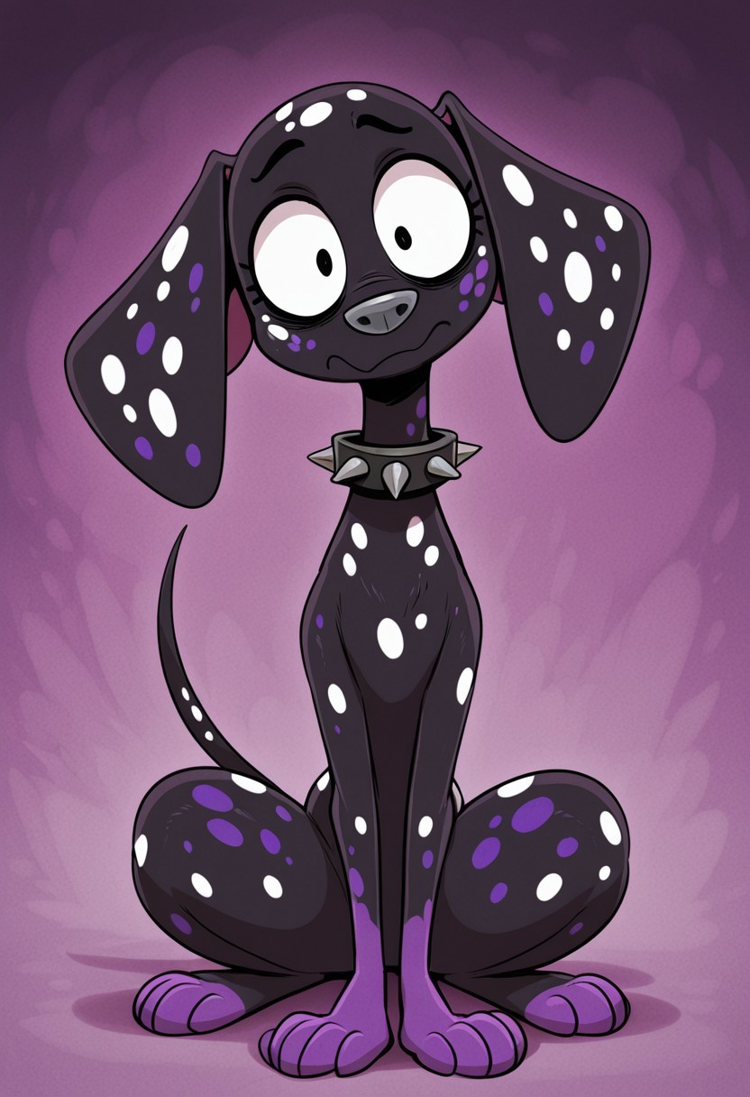 sunib3, SB, SB, masterpiece, best quality, amazing quality, Dante(101), solo, 1boy, dalmatian, dalmatian dog, feral, dog, dalmatian, black fur, white spots, purple spots, purple paws, gray nose, baggy eyes, spiked collar, full body, head tilt, snout, looking at viewer, bored expression,
