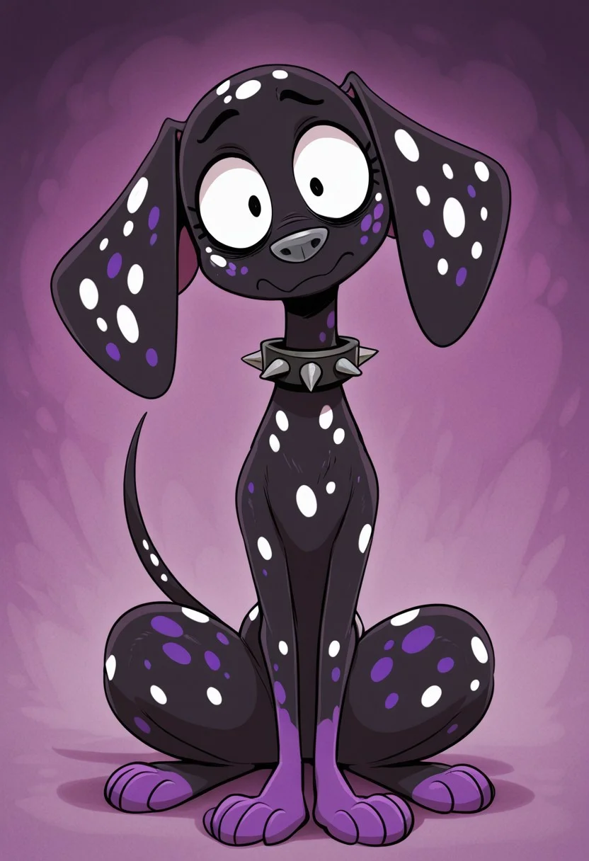 sunib3, SB, SB, masterpiece, best quality, amazing quality, Dante(101), solo, 1boy, dalmatian, dalmatian dog, feral, dog, dalmatian, black fur, white spots, purple spots, purple paws, gray nose, baggy eyes, spiked collar, full body, head tilt, snout, looking at viewer, bored expression,