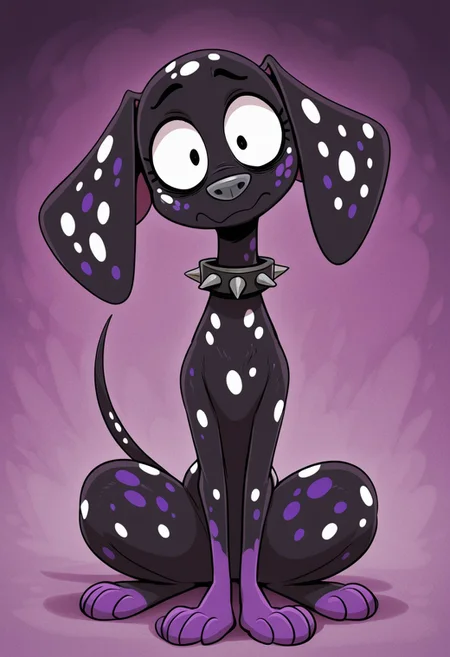 sunib3, SB, SB, masterpiece, best quality, amazing quality, Dante(101), solo, 1boy, dalmatian, dalmatian dog, feral, dog, dalmatian, black fur, white spots, purple spots, purple paws, gray nose, baggy eyes, spiked collar, full body, head tilt, snout, looking at viewer, bored expression,