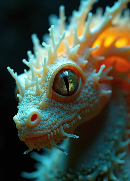 Extreme close-up of a surreal aquatic creature, reminiscent of a dragon or alien life form. Dominating the frame is a large, round eye with a vertical slit pupil, surrounded by pale, textured skin. The eye gleams with intelligence and otherworldly depth. Surrounding the eye, intricate patterns of scale-like structures transition from pale green to vibrant orange and yellow. The creature's head is adorned with delicate, translucent tendrils that resemble fine coral or sea anemone tentacles, creating a halo effect. These filaments appear both solid and fluid, with a bioluminescent quality. The skin texture varies from smooth around the eye to increasingly complex and layered moving outward, with visible pores, ridges, and bumps. The lower jaw shows hints of sharp, hook-like protrusions, suggesting a predatory nature. Beneath the jaw, the body becomes more reptilian, with larger, more defined scales in shades of teal and turquoise. The lighting creates a dramatic contrast, with the creature seemingly glowing from within, especially in the orange areas. The background is a deep, rich black, emphasizing the creature's alien and bioluminescent qualities. The overall effect is a hyper-detailed, macro photograph that blends reality and fantasy, evoking both the depths of the ocean and the far reaches of outer space.
