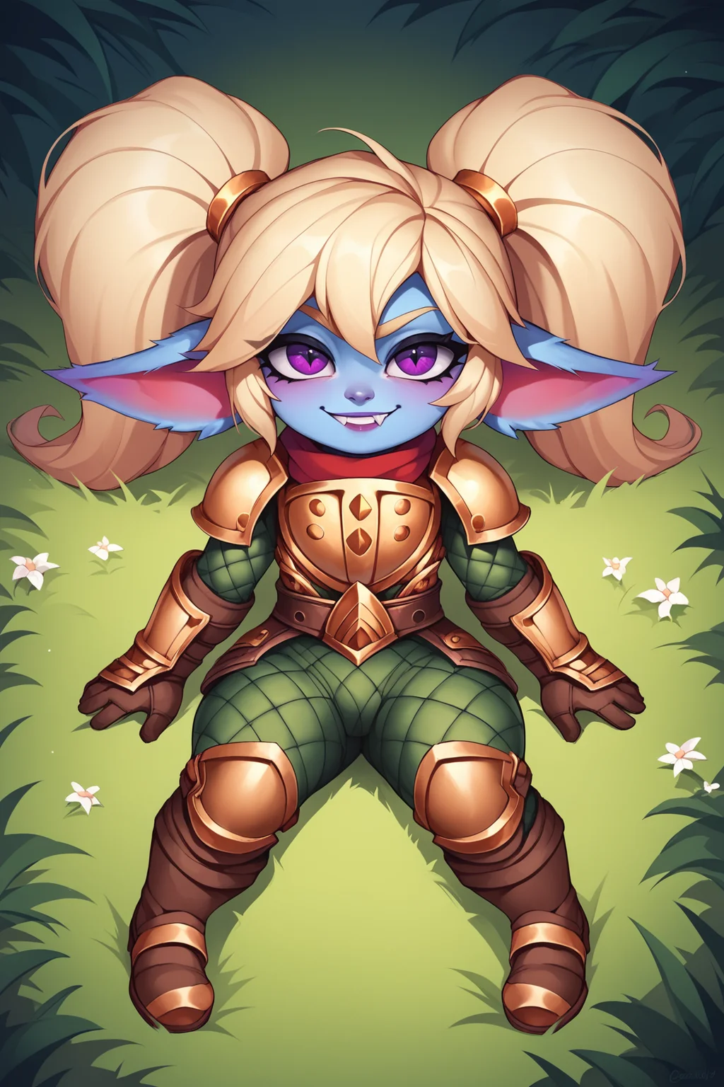 score_9, score_8_up, score_7_up, score_6_up, score_5_up, score_4_up, PoppyLoLXL, yordle, shortstack, purple eyes, blonde hair, twintails, blue skin, colored skin, golden armor,green snakeskin shirt, green snakeskin pants, brown boots, lying on grass, looking at viewer, seductive smile, forest, tree <lora:PoppyLoLXL:0.7>