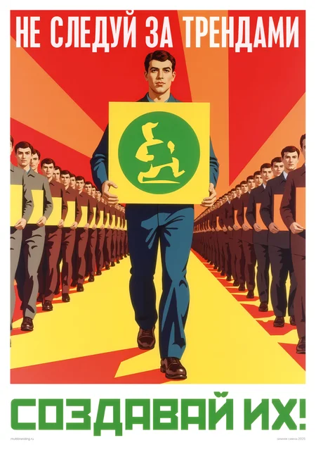 Soviet propaganda poster style, a determined worker in simple, bold work clothes strides forward, one foot firmly on the ground and the other mid-step, carrying a large square painting with a bright green circle pressed against his chest. In the background, a group of conformists dressed in muted, identical outfits march uniformly in the opposite direction, holding plain, uninspired objects. The composition highlights the vibrant energy and individuality of the worker against the dull monotony of the background figures. Bold geometric lines and red and gold tones emphasize movement, contrast, and purpose.