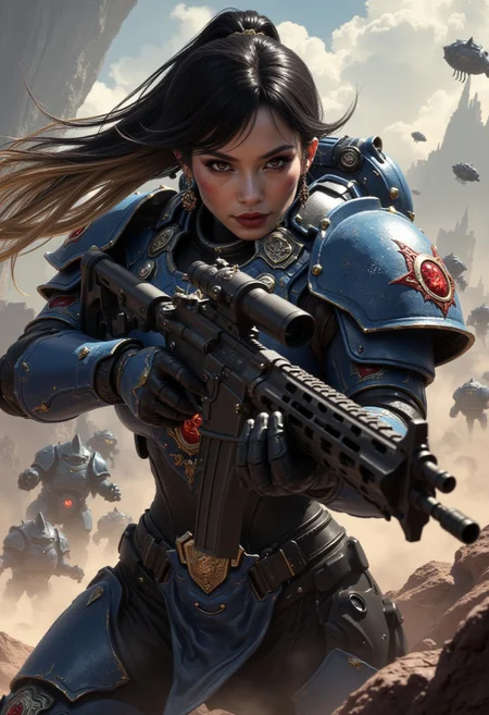 detailed renaissance oil painting, masterpiece, FredFraiStyle, an oriental female cyberpunk space marine in blue power armor with red embellishments, long two-tone flowing hair, black with dirty blonde highlights, bangs, earrings, dark eyeshadow, red lips, holding an assault rifle, aiming, dynamic pose, fighting in a battle against insectoid monsters on a dusty, misty battlefield, directional lighting, masterpiece, perfect composition, perfect hands, cowboy shot