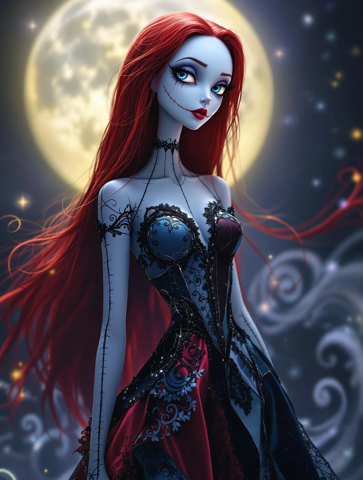A stunning reimagining of Sally from The Nightmare Before Christmas, designed as a beautiful and stylish figure while maintaining her iconic stitched-together appearance. She has soft, pale blue skin with intricately detailed stitches running across her body, stitched mouth, now resembling elegant embroidery. Her long, flowing red hair cascades like silk, catching subtle glints of moonlight. She wears a modern, high-fashion gown inspired by her patchwork dress, redesigned with a sleek silhouette and bold, contrasting textures, blending delicate lace, velvet, and satin in deep, moody hues like midnight blue, crimson, and black. The background is a softly lit, ethereal scene with a full moon glowing behind her, surrounded by whimsical swirls and patterns reminiscent of Tim Burton’s aesthetic. Her eyes are large and expressive, framed with delicate eyeliner and a subtle shimmer, conveying both mystery and charm. Dramatic lighting enhances her features and highlights the textures of her ensemble, creating a dreamlike and gothic-chic ambiance.
