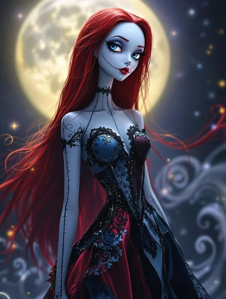 A stunning reimagining of Sally from The Nightmare Before Christmas, designed as a beautiful and stylish figure while maintaining her iconic stitched-together appearance. She has soft, pale blue skin with intricately detailed stitches running across her body, stitched mouth, now resembling elegant embroidery. Her long, flowing red hair cascades like silk, catching subtle glints of moonlight. She wears a modern, high-fashion gown inspired by her patchwork dress, redesigned with a sleek silhouette and bold, contrasting textures, blending delicate lace, velvet, and satin in deep, moody hues like midnight blue, crimson, and black. The background is a softly lit, ethereal scene with a full moon glowing behind her, surrounded by whimsical swirls and patterns reminiscent of Tim Burton’s aesthetic. Her eyes are large and expressive, framed with delicate eyeliner and a subtle shimmer, conveying both mystery and charm. Dramatic lighting enhances her features and highlights the textures of her ensemble, creating a dreamlike and gothic-chic ambiance.