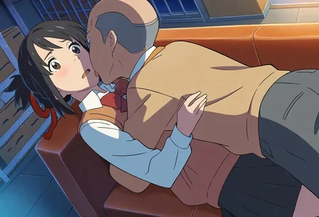 {1boy bald, tall, black eyes, shaved head, collared shirt, long sleeve, white shirt, gray pants}, BREAK, hug, hugging breasts, hug chest, lying on red couch, missionary sex, licking girl's neck, mitsuha miyamizu, black hair, brown eyes, worried eyes, open mouth,
short hair, bow, ribbon, hair bun, school uniform, hair ribbon, bowtie, red ribbon, sweater vest, light brown sweater, shirt, white shirt, collared shirt, long sleeves, skirt, black skirt, pleated skirt,
indoors, storage room, boxes, walls, night, table, curtains, lying on red couch, overhead angle shot,