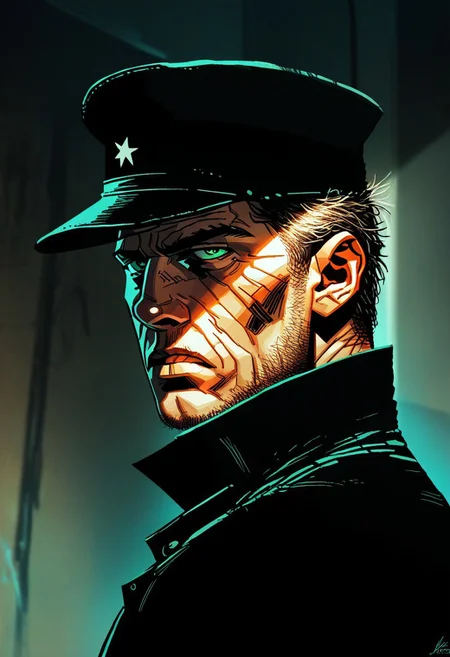score_9, score_8_up, score_7_up, score_6_up, 1boy, cowboy shot, futuristic admiral, hat, green eyes, masculine, strong body, tired eyes, scifi uniform, pale skin,
determined look on face,
looking back,
looking at viewer,
eye contact, 
expressive,
indoors, bridge of a star destroyer, 
black linework,
