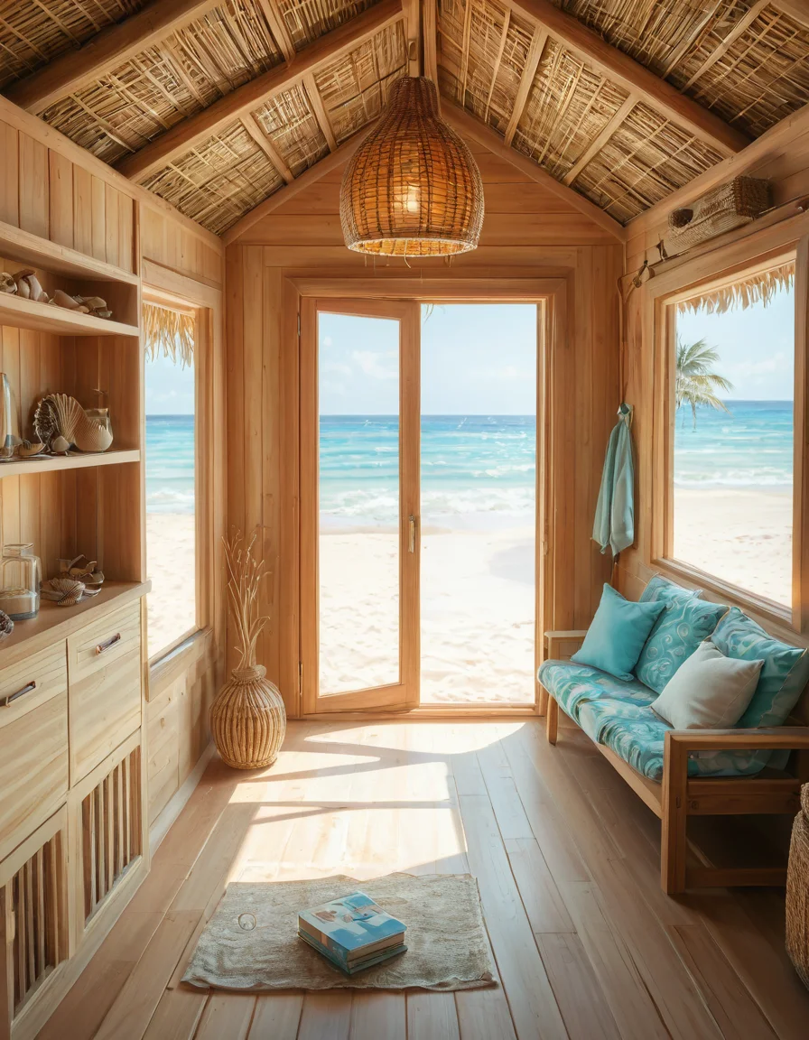 rating_safe,looking at viewer,focus on woman face,A woman wearing a sleek and modern diving swimsuit with dress, primarily designed in a combination of navy blue and turquoise tones with subtle black accents, is standing gracefully inside a cozy and charming beach hut,c0zy b34ch hut; the hut, made of light-colored wooden planks with a weathered, rustic finish, is warmly lit by natural sunlight streaming through its open windows and doorway, creating a relaxed and serene atmosphere. The woman, who appears confident and at ease, has slightly wet, wavy chestnut-brown hair that falls softly to her shoulders, subtly catching the light; her posture is upright yet casual, with one hand resting gently on the edge of the wooden frame of the hutâs doorway, while her other hand is placed lightly on her hip. The interior of the beach hut is adorned with small, homey details such as a straw mat on the wooden floor, a few neatly folded towels in pastel shades stacked in the corner, and a hanging seashell wind chime swaying gently in the breeze; through the open doorway, thereâs a faint glimpse of the golden sand and turquoise ocean waves in the background, adding to the tranquil coastal ambiance of the scene.<lora:SDXLFaeTastic2400:0.4> <lora:extremely_detailed:0.4> extremely detailed, <lora:c0zy_b34ch_hut:1>, Masterpiece,best quality,hi res,8k,hi res,8k,award winning,(sharp focus, intricate, highly detailed),