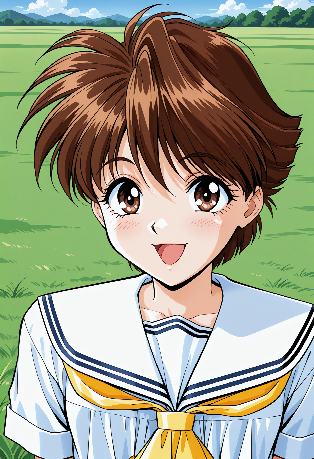 katou_mika, brown eyes, brown hair, short hair, school uniform, serafuku, white sailor collar, yellow neckerchief, white shirt, short sleeves, <lora:Graduation_katou_mika_illustrious_ver1:0.8> 
smile, open mouth,, masterpiece, best quality, very aesthetic, absurdres, general,, 1girl, solo, blue sky, (grasslands:1.2), looking at viewer,, (upper body:1.2), (close-up:1.2), (facing viewer:1.2), (open eyes:1.4), (portrait:1.2)