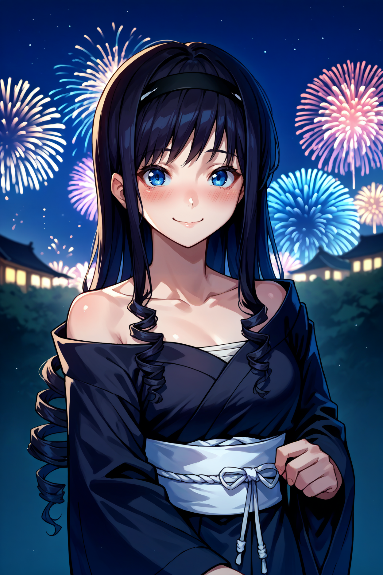 score_9, score_8_up, score_7_up, score_6_up, source_anime, 1girl, solo, <lora:morishimaharuka-pdxl-nvwls-v1-000006:1> amaMH, black hair, drill hair, long hair, blue eyes, black hairband, black kimono, white sash, off-shoulder, smile, blush, tired, happy, looking at you, fireworks, night, night sky, wide sleeves