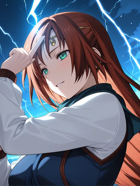 masterpiece,best quality,newest,
1girl,solo,
<lora:elenoa_ilxl_v2.9>,elenoa,red hair,very long hair,green eyes,(e_circlet:1.1),e_02clothes,long_sleeves,white sleeves,blue clothes,
<lora:Fixhands_anime_bdsqlsz_V1:1>,lighting,index_finger_raised,lightning,magic,upper_body,face_focus,parted lips,light_blush,smile,cinematic_angle,dynamic_angle,looking_at_viewer,profile,