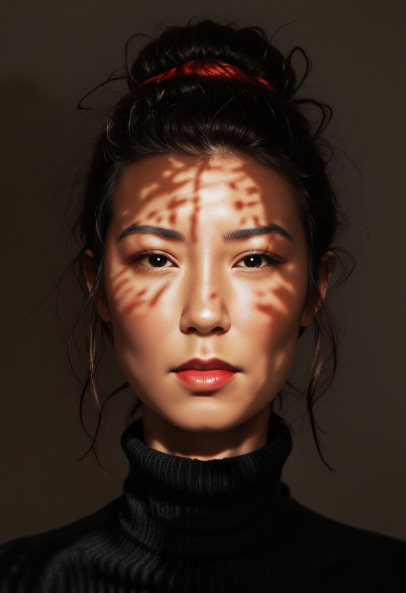 score_9, score_8_up, score_7_up, score_6_up, photorealistic, DRKDL, dramatic lighting, low key,  dark theme, spot color, shadows,
BREAK 
<('karen': ('Pretty Face'+'Manic Pixie'+'asian features'+'red lips',
'looking at viewer'+'black turtleneck'))>,