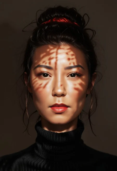 score_9, score_8_up, score_7_up, score_6_up, photorealistic, DRKDL, dramatic lighting, low key,  dark theme, spot color, shadows,
BREAK 
<('karen': ('Pretty Face'+'Manic Pixie'+'asian features'+'red lips',
'looking at viewer'+'black turtleneck'))>,