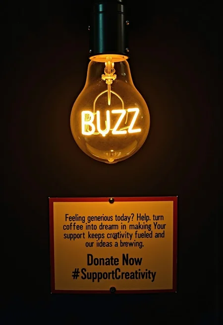 a lightbulb, the filament forms the word "BUZZ".
Dim environment,
the lightbulb illuminates a sign with the text:
"Feeling generous today? Help us turn coffee into dreams by making a donation! Your support keeps our creativity fueled and our ideas brewing. Donate Now #SupportCreativity"