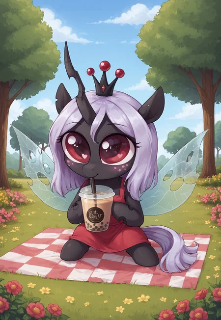 masterpiece, score_9_up, score_8_up, score_7_up, score_6_up, source_pony, (best quality:1.1), ultra-detailed, high resolution, highly detailed macro illustration, solo BREAK 1girl, Queen Gytha, changeling, feral, (beautiful red eyes), big eyes, ragged ears, crooked horn, black skin, (pink freckles), (light purple membrane hair), light purple membrane tail, (insect wings), (cute expression, cute face:1.2) BREAK royal dress, crown, mikus-concept, full body, cute, chibi, (holding cup of bubble tea:1.2) BREAK outside, sitting cross-legged on a blanket in a park, picnic setting with snacks and flowers, warm sunny day, trees swaying in the breeze BREAK sharp focus, perfect lighting, extremely detailed, tranquil setting, high detail, Expressiveh, detailed background, OverallDetail, zPDXL3