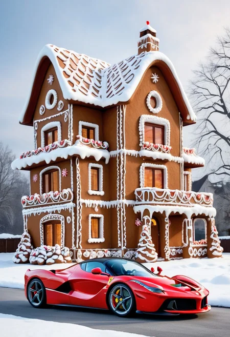 Ferrari laferrari,winter ,in front of house.Christmas<lora:GingerbreadStyle_epoch_10:0.7>