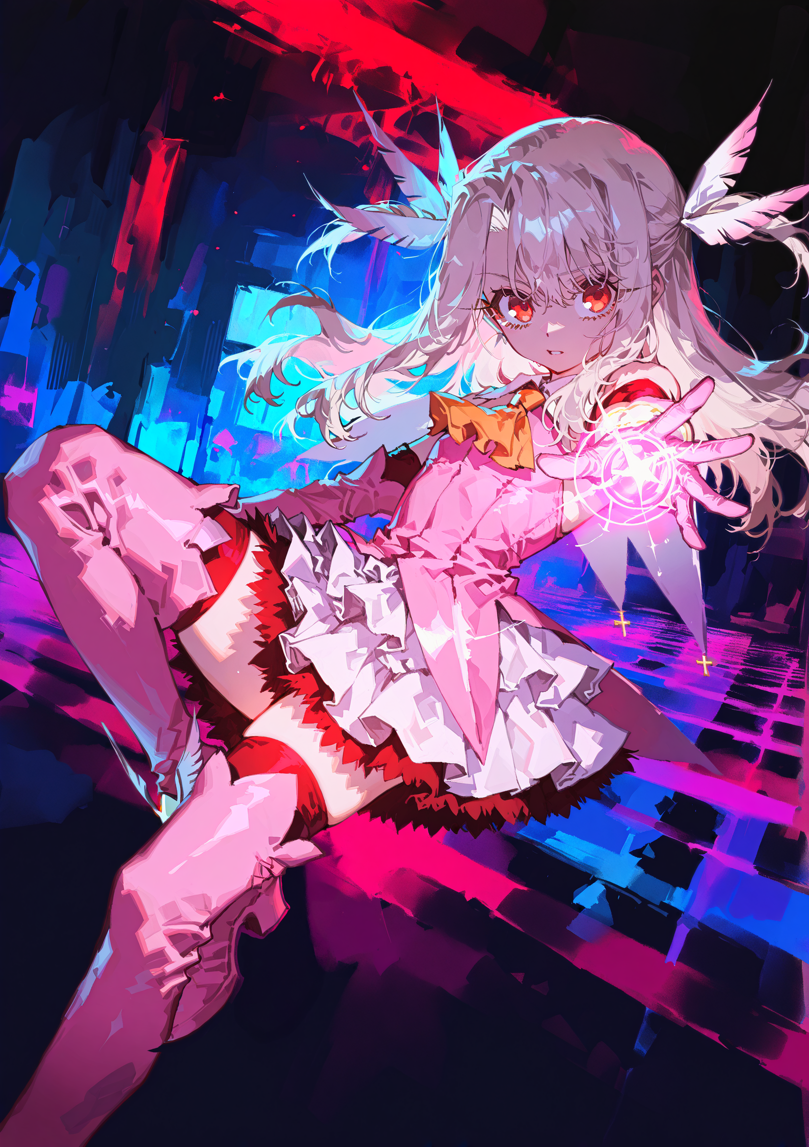 best quality, masterpiece, amazing quality, very aesthetic, very awa, absurdres, newest,
dynamic pose, dynamic angle, fantasy lighting
<lora:nhl-001:0.4>, nhl-001,<lora:ponyv4_noob1_2_adamW:0.33>, <lora:96YOTTEA-WAI:0.6>,<lora:yoneyamaiXLNBVP1lokrV6311PZ:0.6>,
optical illusion, ssambatea, quasarcake, Fishine, arutera, soresaki, reoen, sanbonzakura, askzy, negative space, see-through_body,made of,  tiny neon glass filaments, neon light, detailed background, hand out frame,
illyasviel_von_einzbern
white hair, red eyes, long hair,  two side up, feather hair ornament, pink dress, elbow gloves, magical girl, pink thigh Boots
 <lora:Illya_Illus:0.7>