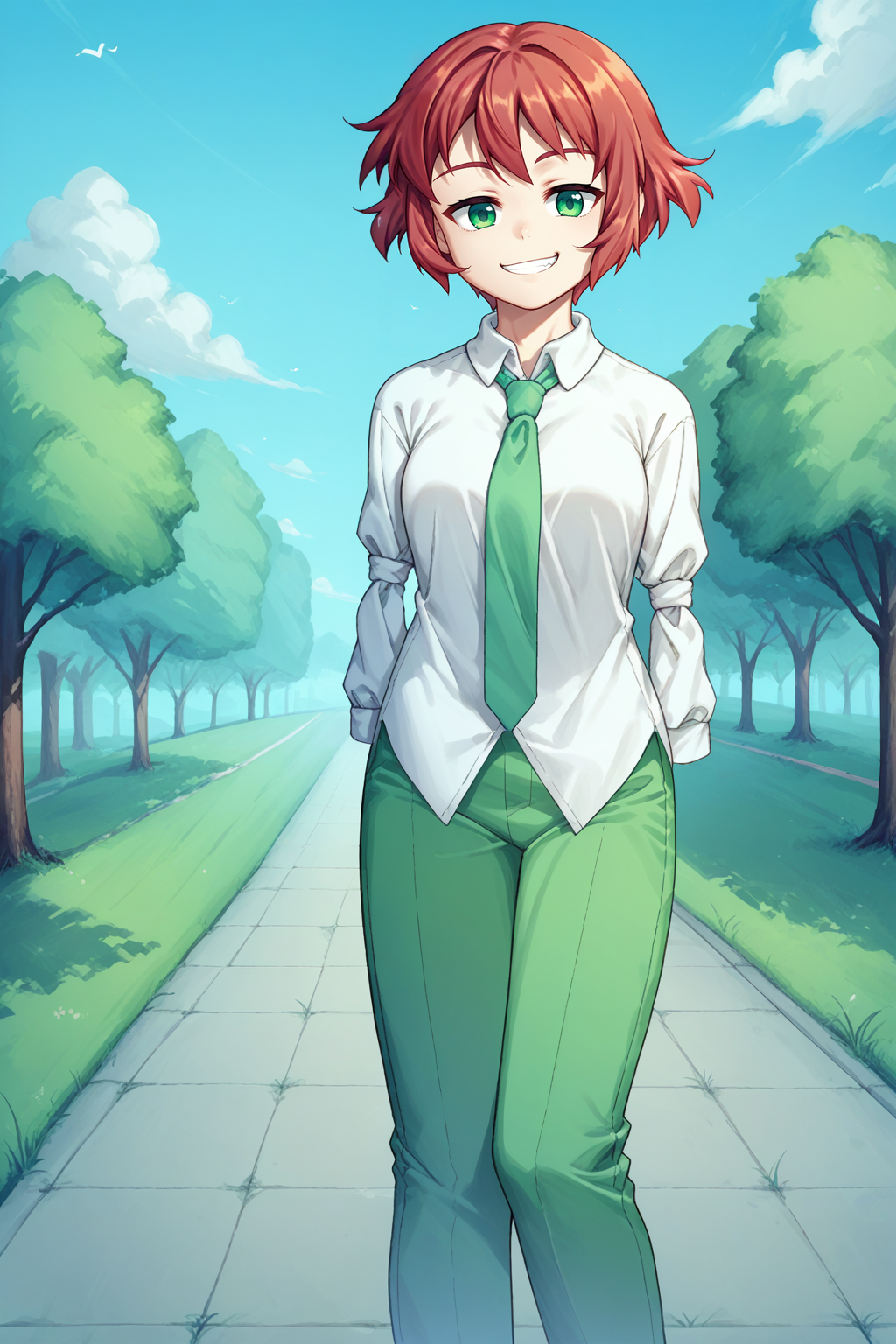 score_9, score_8_up, <lora:NSRinKatawa:1> NSRinKatawa, amputee, red hair, short hair, green eyes, white collared shirt, green pants, necktie, sleeve tied shuts, full body shot, solo, outdoors, school, sunny day, looking at the viewer, smug