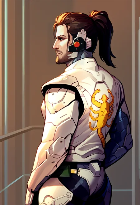 score_9, score_8_up, score_7_up, source_anime BREAK <lora:drivejacket-outfit-richy-v1_pdxl:1> print jacket, white jacket, from side, from behind, 1girl, solo, standing, <lora:JetstreamSam_XLPD:0.8> JetstreamSam, cyborg, bodysuit, headgear, beard