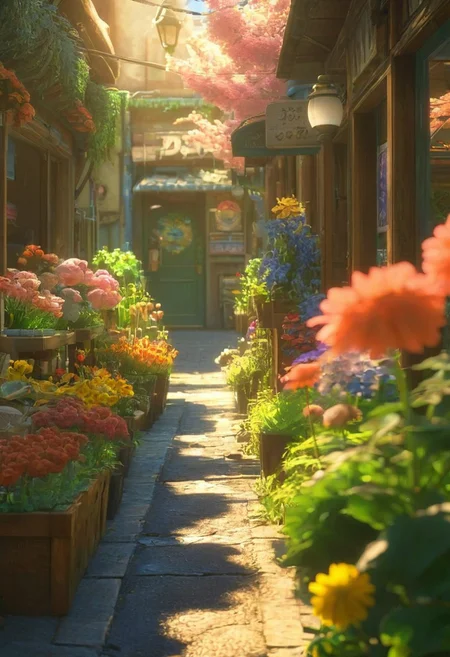 Hayao Miyazaki anime, spring, sunlight, Makoto Shinkai style, atomic punk, shopping street, bustling arcade, flower shop, classical street lamp, flower bed, vegetation and flowers, Craig Mullins, Nausicaa, intricate detail, 8K, RTX, lighting mode,Studio Ghibli, Hayao Miyazaki, Breath of the Wild, anime, noiseless, hyper-detailed, unreal rendering octane rendering, comfort, HDR, trends on artstation