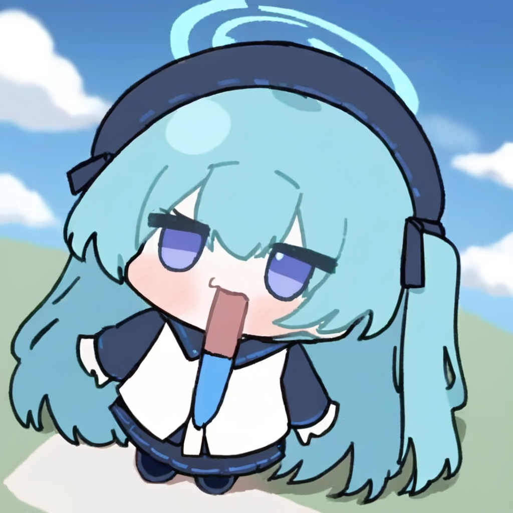 1girl,nyn meme,hatsune_\(blue_archive\), halo,cloudy sky, blurry background,masterpiece, newest, absurdres, <lora:nyn_meme_kohaku-000460:1>