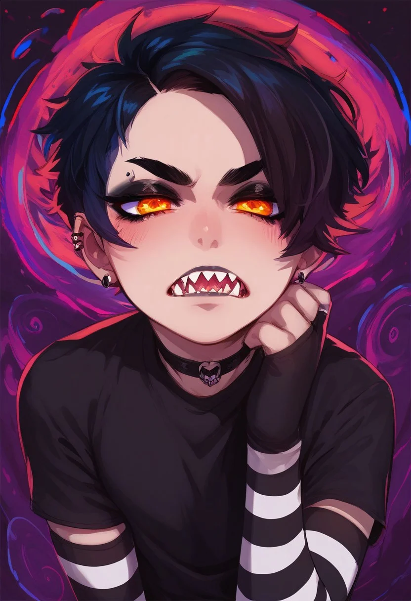 (score_9, score_8_up, score_7_up), source_anime, detailed eyes, 1boy, cute face, femboy, kawaii, orange eyes, glowing eyes, sharp teeth, psychedelic background, Expressiveh, goth, goth boy, makeup, striped stockings, grumpy, multicolored hair,