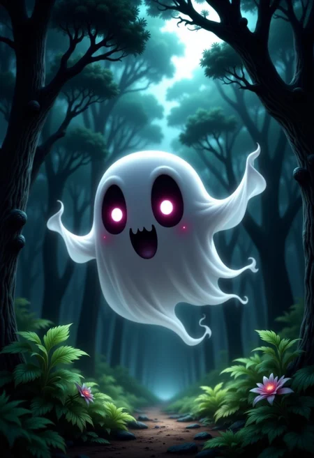 cute chibi ghost with huge eyes flyling through a dark forrest