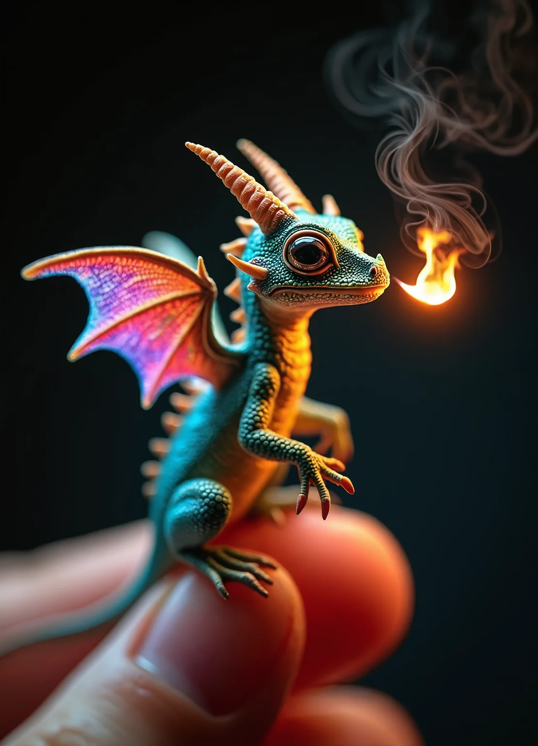 Miniature dragon perched on fingertip, hyper-realistic 3D render. Vibrant iridescent scales, rainbow-colored wings. Spiky crest, sharp claws. Breathing tiny flame. Wide-eyed expression, mouth open. Detailed texture, lizard-like features. Dark background, dramatic lighting. Fantasy creature, macro photography style