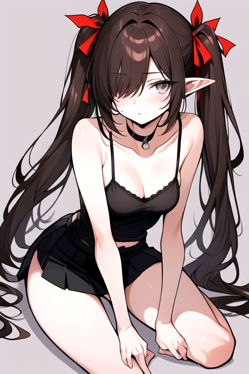 masterpiece, best quality,  <lora:Kra_SD:0.8> k'ra, grey eyes, brown hair, twintails, red ribbons, black camisole, short black skirt