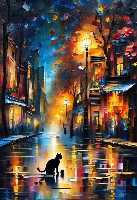 Masterpiece mix of paper quilling, layered paper and painting in the style of Leonid Afremov. Highly detailed illustration of a black cat wandering in an empty dark alley in New-York  only lightened by a full moon, garbage can, taxi, vibrant glow, Atey Ghailan Style, devoid of any human presence.