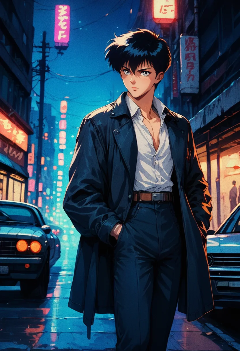 (score_9, score_8_up), score_7_up, standing on the top of a building, short hair, bangs, black hair, long sleeves, 1boy, closed mouth, standing, collarbone, jacket, white shirt, outdoors, open clothes, collared shirt, belt, pants, open jacket, coat, black jacket, grey eyes, dress shirt, night, black pants, ground vehicle, motor vehicle, black coat, hands in pockets, shirt tucked in, car, lamppost, neon lights, cinematic, retro
<lora:nostalgia-000011:0.9>