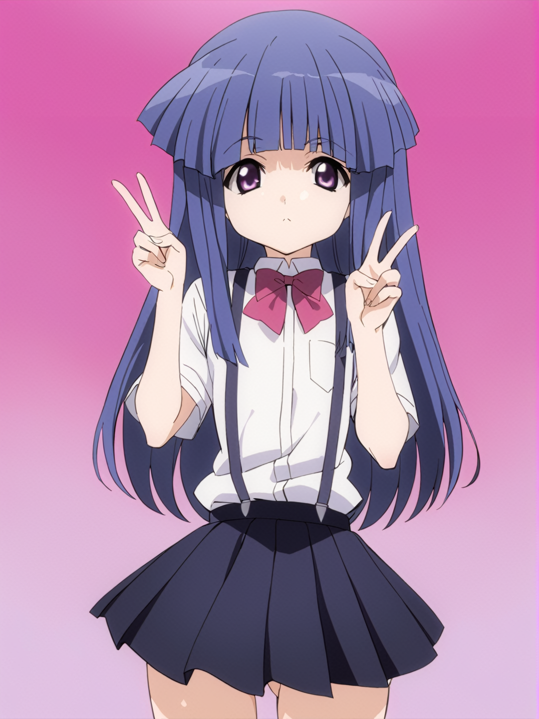 masterpiece, best quality, <lora:0r0P00W0n0j0O0kqLSDXL_LoRA_V1:1>, 1girl, solo, furude rika, bow, skirt, long hair, suspenders, blue hair, purple eyes, white background, simple background, shirt, looking at viewer, pleated skirt, short sleeves, bowtie, white shirt, bangs, red bow, school uniform, standing, blunt bangs, pink bow, suspender skirt, cowboy shot, black skirt, red bowtie, closed mouth, V, cowboy_shot