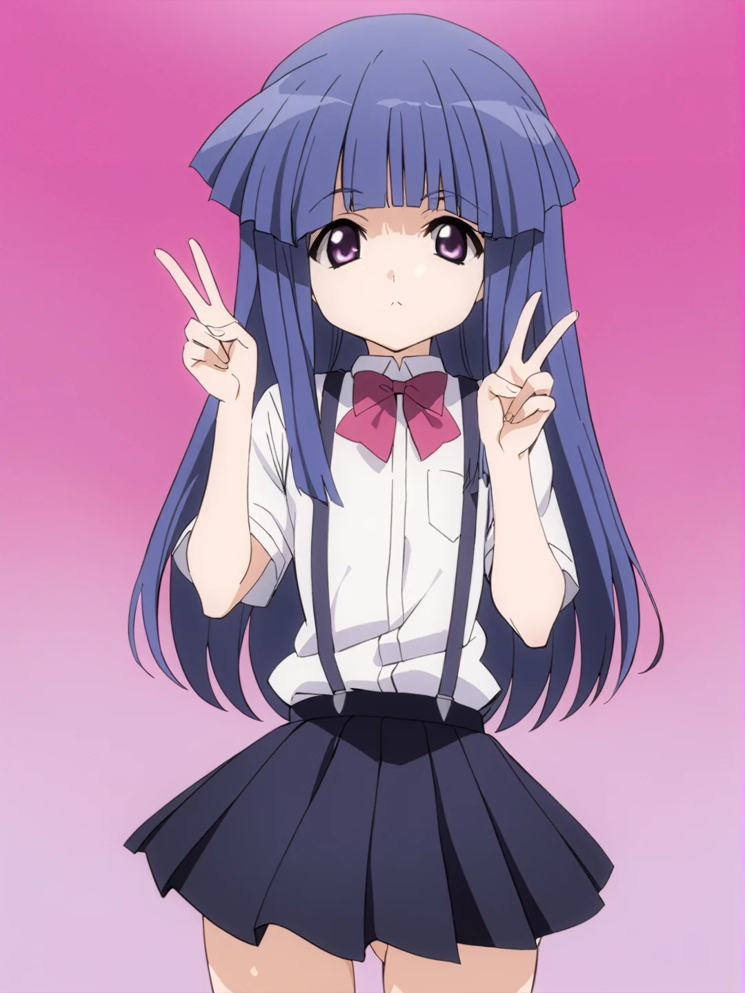 masterpiece, best quality, <lora:0r0P00W0n0j0O0kqLSDXL_LoRA_V1:1>, 1girl, solo, furude rika, bow, skirt, long hair, suspenders, blue hair, purple eyes, white background, simple background, shirt, looking at viewer, pleated skirt, short sleeves, bowtie, white shirt, bangs, red bow, school uniform, standing, blunt bangs, pink bow, suspender skirt, cowboy shot, black skirt, red bowtie, closed mouth, V, cowboy_shot