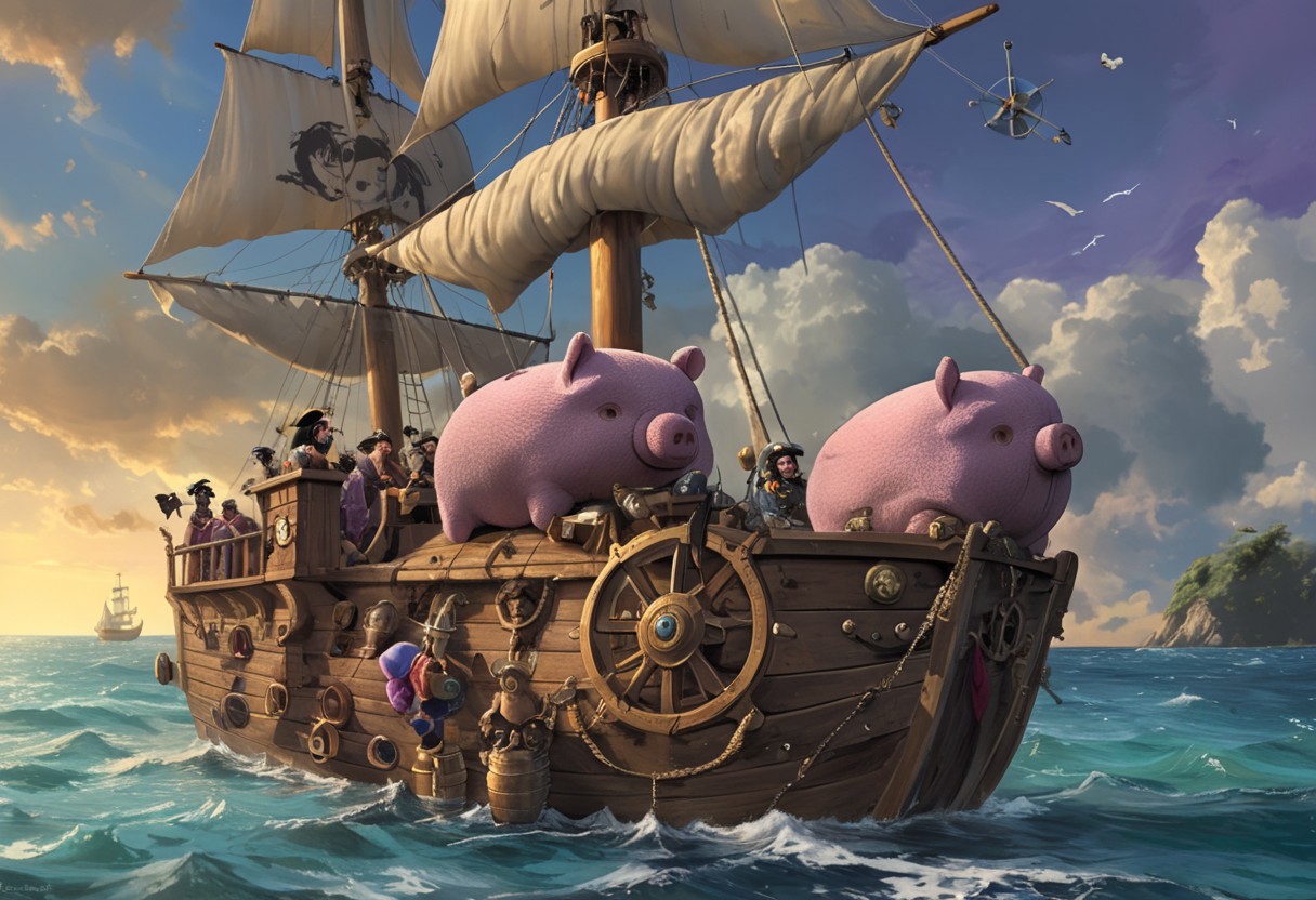 Boopig sails the seven sees, purple plush, pirates, booty, eyepatch, beard, treasure, cannon balls, multiple small boopig pirates, on a wooden pirate ship, from side, illustration, style of magic realism style, adventurous, happy, fun, majestic, masterpiece