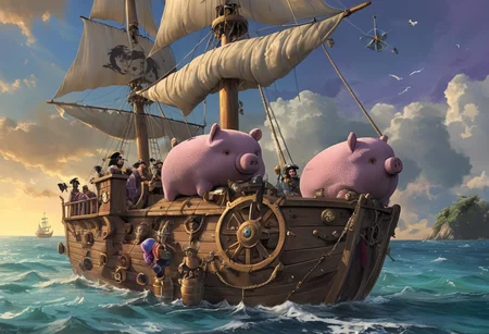 Boopig sails the seven sees, purple plush, pirates, booty, eyepatch, beard, treasure, cannon balls, multiple small boopig pirates, on a wooden pirate ship, from side, illustration, style of magic realism style, adventurous, happy, fun, majestic, masterpiece
