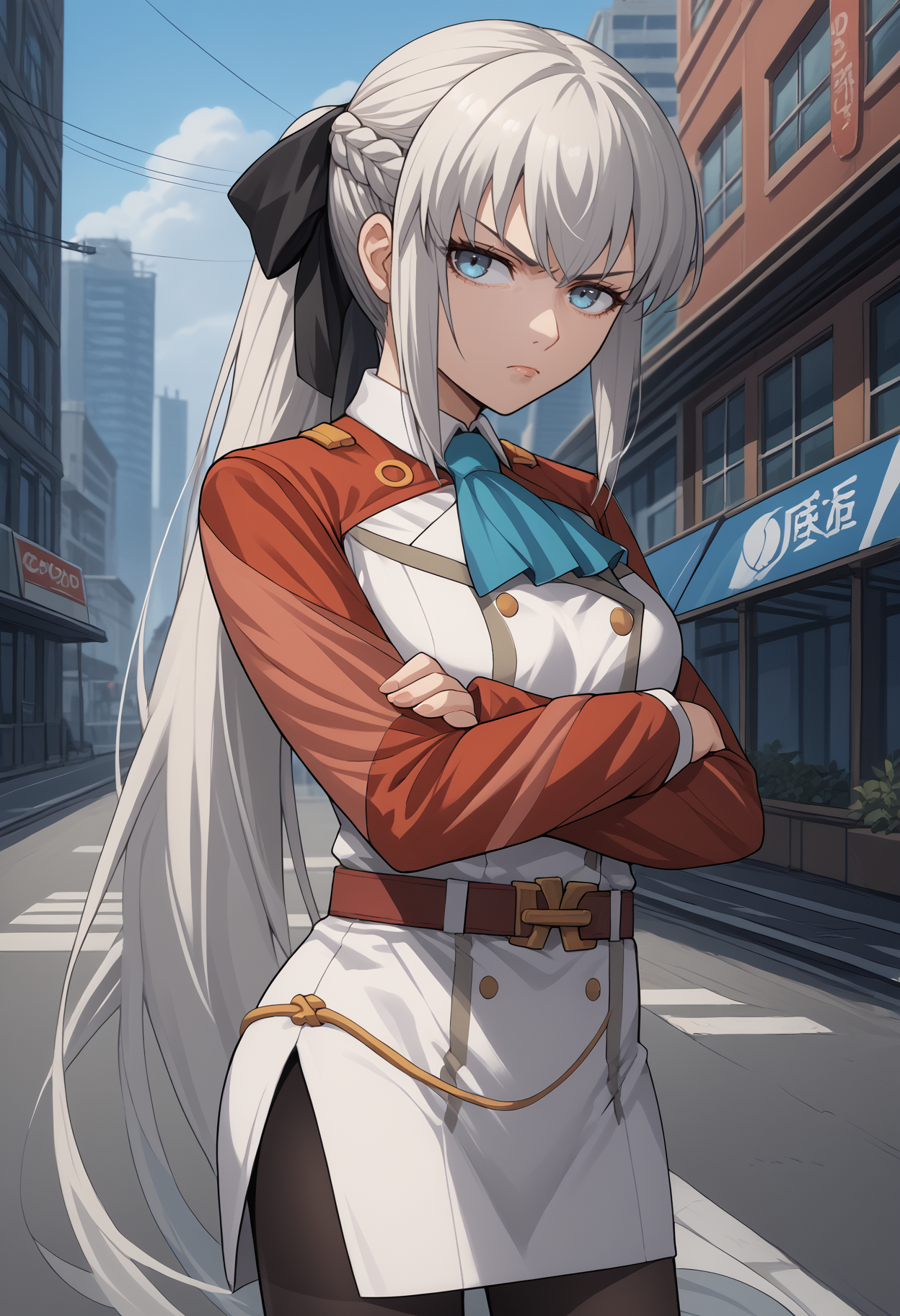 score_9, score_8, score_7_up, source_anime, solo, 1girl, m0rganst2, unamused, looking at you, standing, crossed arms, grey hair, ponytail, french braid, hair bow, black bow, ascot, uniform, long sleeves, red sleeves, white dress, pencil skirt, belt, pantyhose, outdoors, city
<segment:yolo-face_yolov8m.pt,0.4,0.5//cid=1>