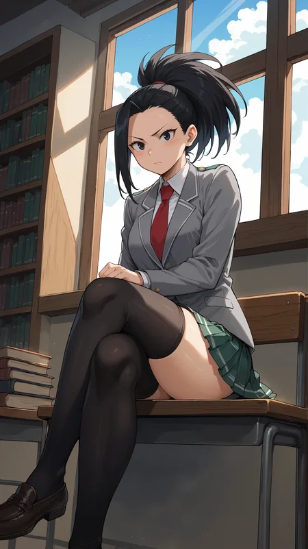score_9,score_8_up,score_7_up,score_6_up, source_anime, <lora:xl_more_art-full_v1:0.5>, girl, dynamic pose, crossed legs, <lora:Momo Yaoyorozu (Creati) - Pony-000004:0.8>, long hair, black hair, high ponytail, black eyes, school uniform, grey school uniform jacket, red necktie, green pleated skirt, black thighhighs, library, large window, light rays,