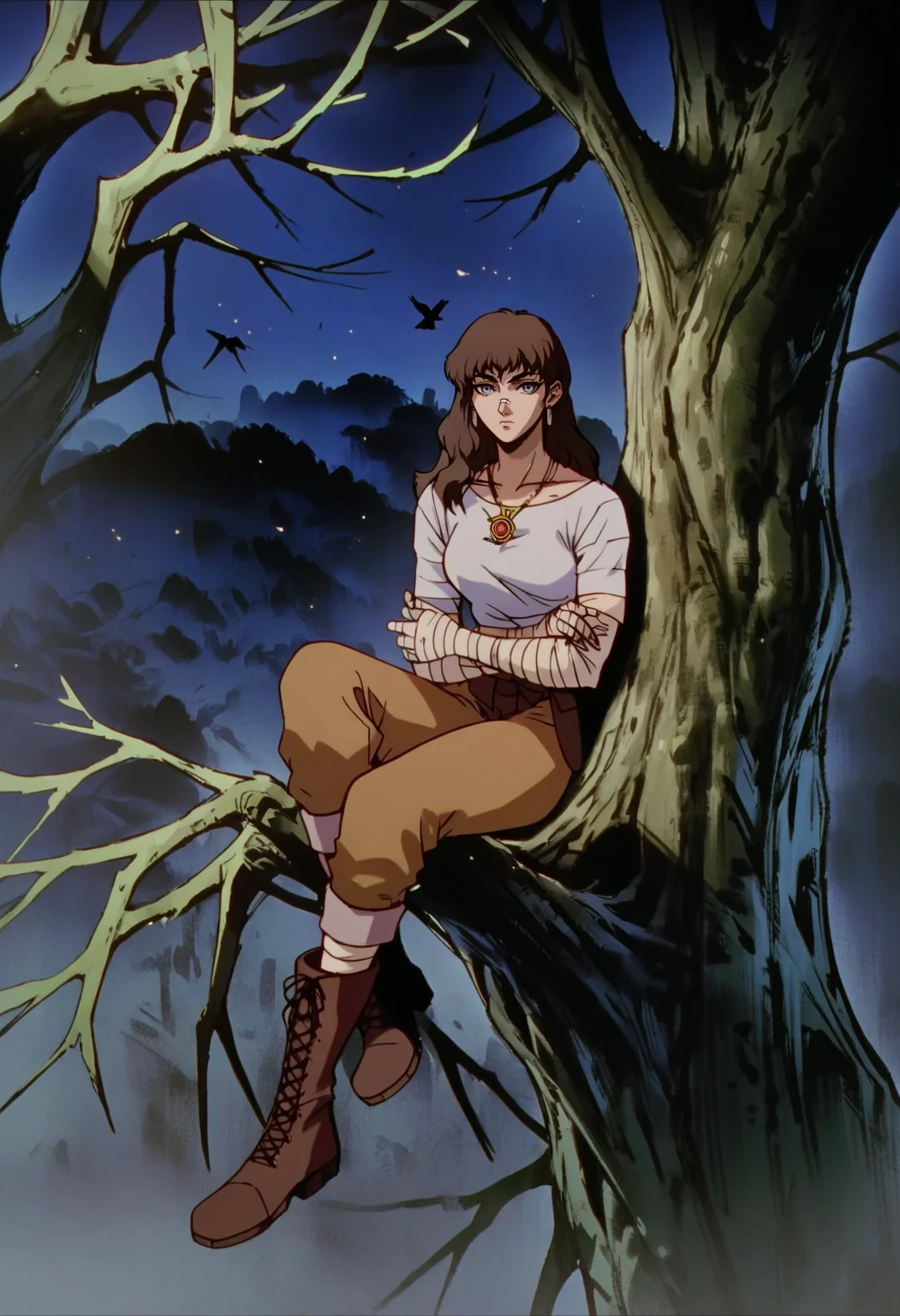 score_9, score_8_up, score_7_up, score_6_up, score_5_up, score_4_up,
<lora:BerserkV5:1> berserk,
1girl, solo, long hair, looking at viewer, blue eyes, shirt, brown hair, long sleeves, closed mouth, jewelry, sitting, collarbone, yellow eyes, outdoors, earrings, boots, pants, necklace, blurry, tree, night, bird, animal, bandages, nature, forest, bandaged arm, branch, brown pants, indian style, beak, talons, owl, in tree
